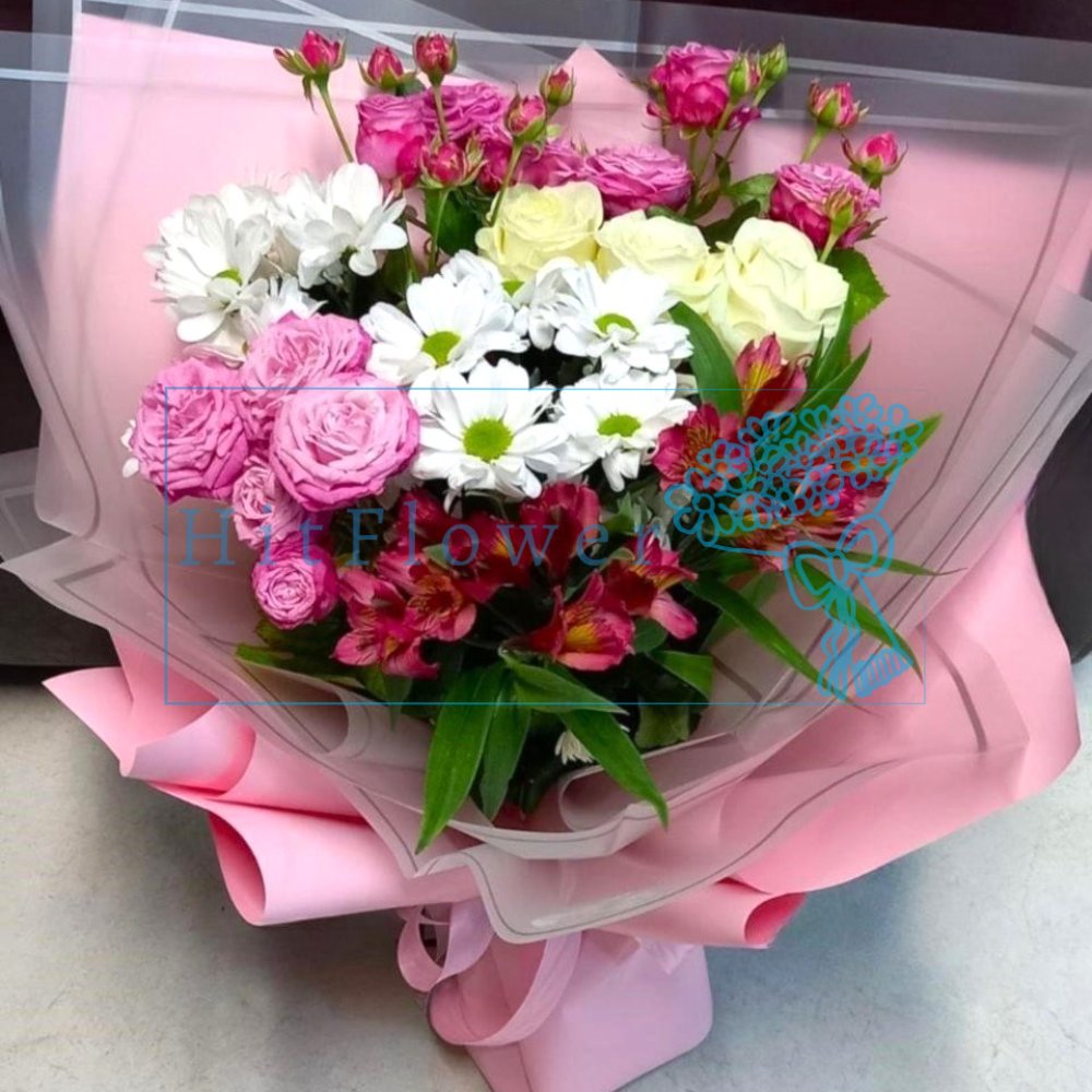 Букет цветов из: Хризантемы, Розы и Альстромерии